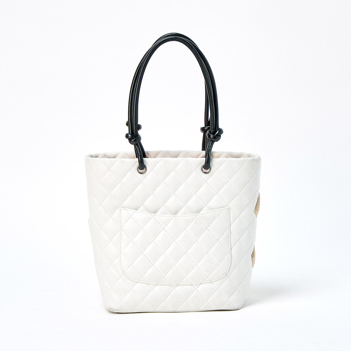 CHANEL Cambon Medium 2005 Hand Bag White Brown Lamb Skin Auth