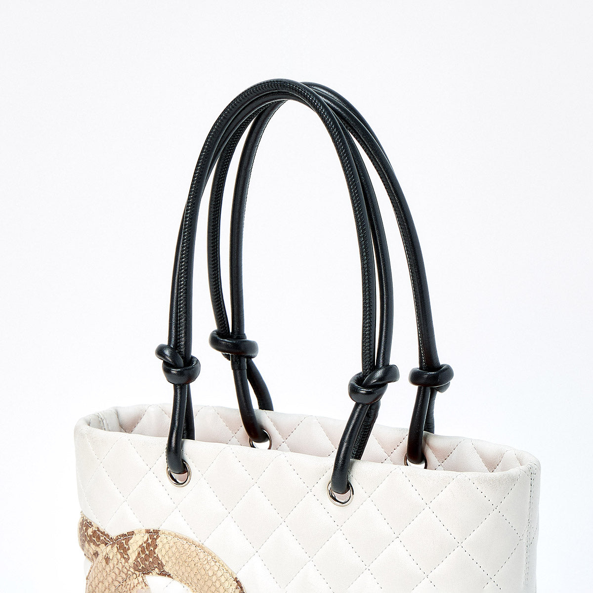 CHANEL Cambon Medium 2005 Hand Bag White Brown Lamb Skin Auth