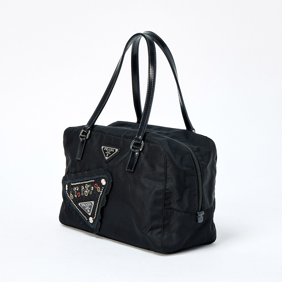 PRADA Triangle Jeweled Robot Hand Bag Black Silver Tessuto Auth