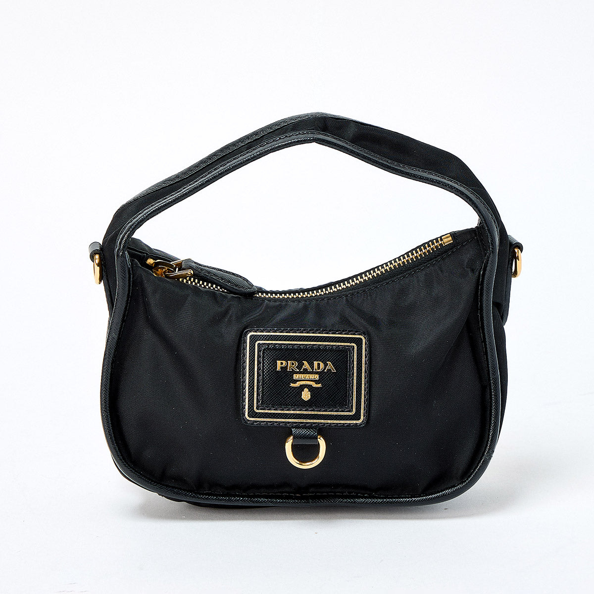 PRADA Logo Hand Bag BN1409 Black Gold Tessuto Auth
