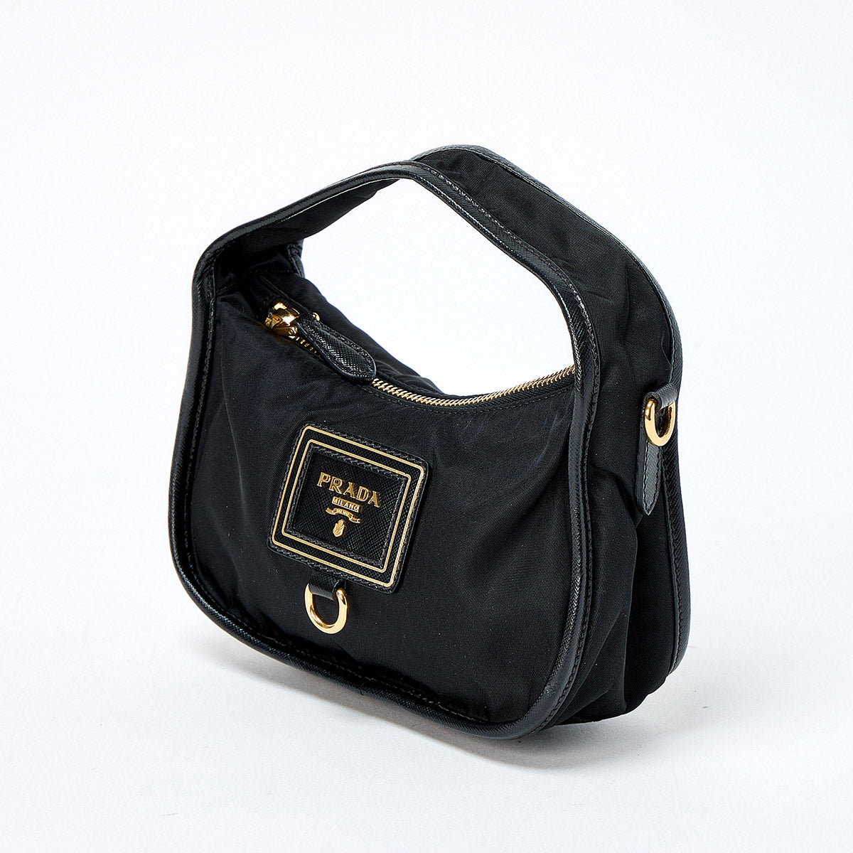 PRADA Logo Hand Bag BN1409 Black Gold Tessuto Auth