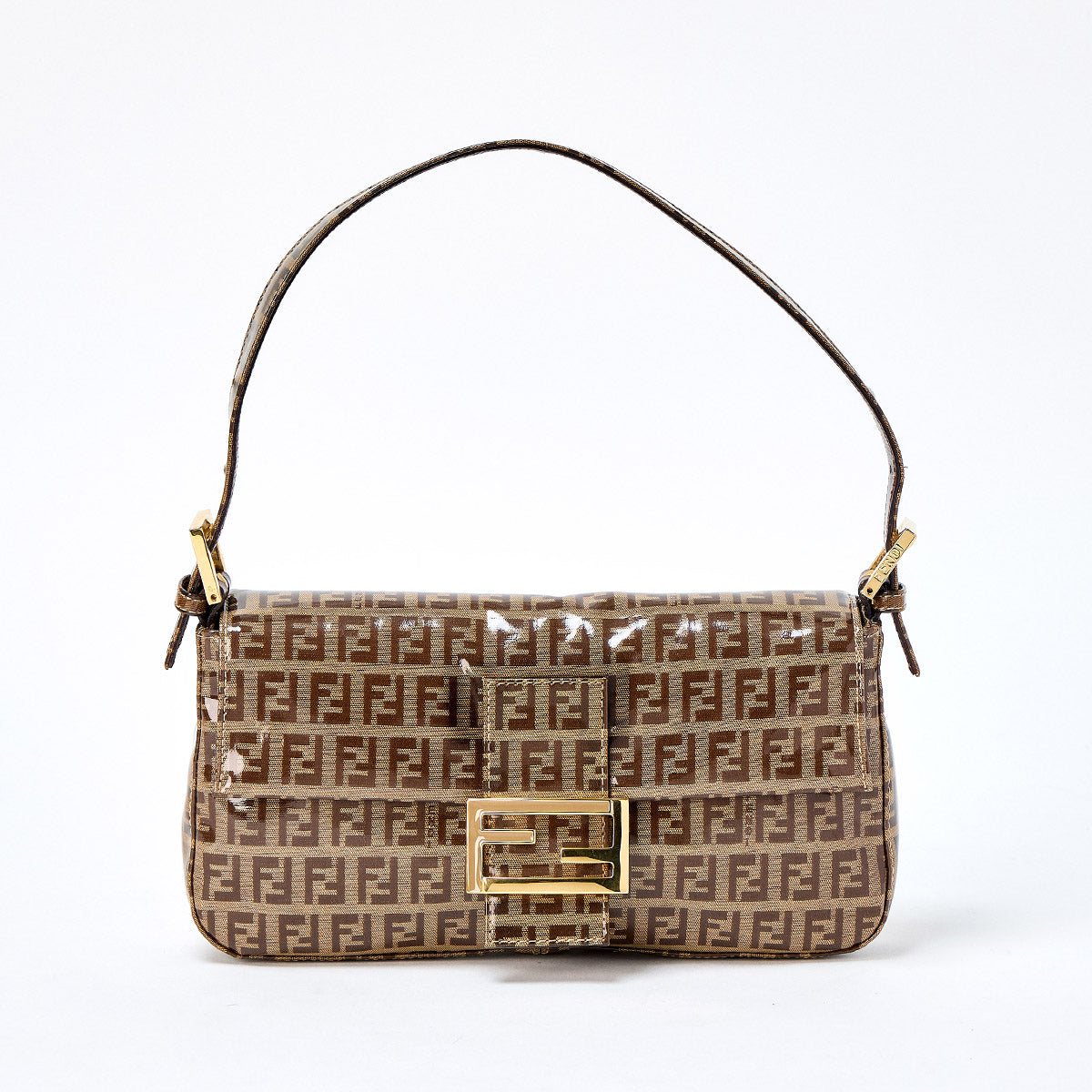 FENDI Mamma Baguette Zucchino Hand Bag Brown Gold Coated Canvas Auth