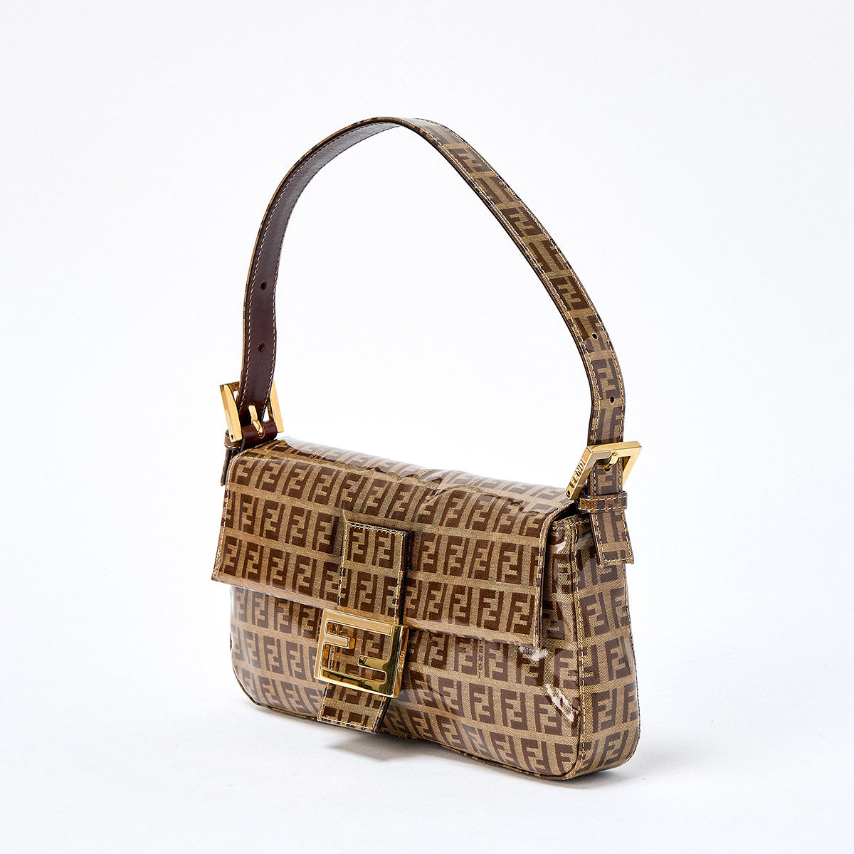 FENDI Mamma Baguette Zucchino Hand Bag Brown Gold Coated Canvas Auth