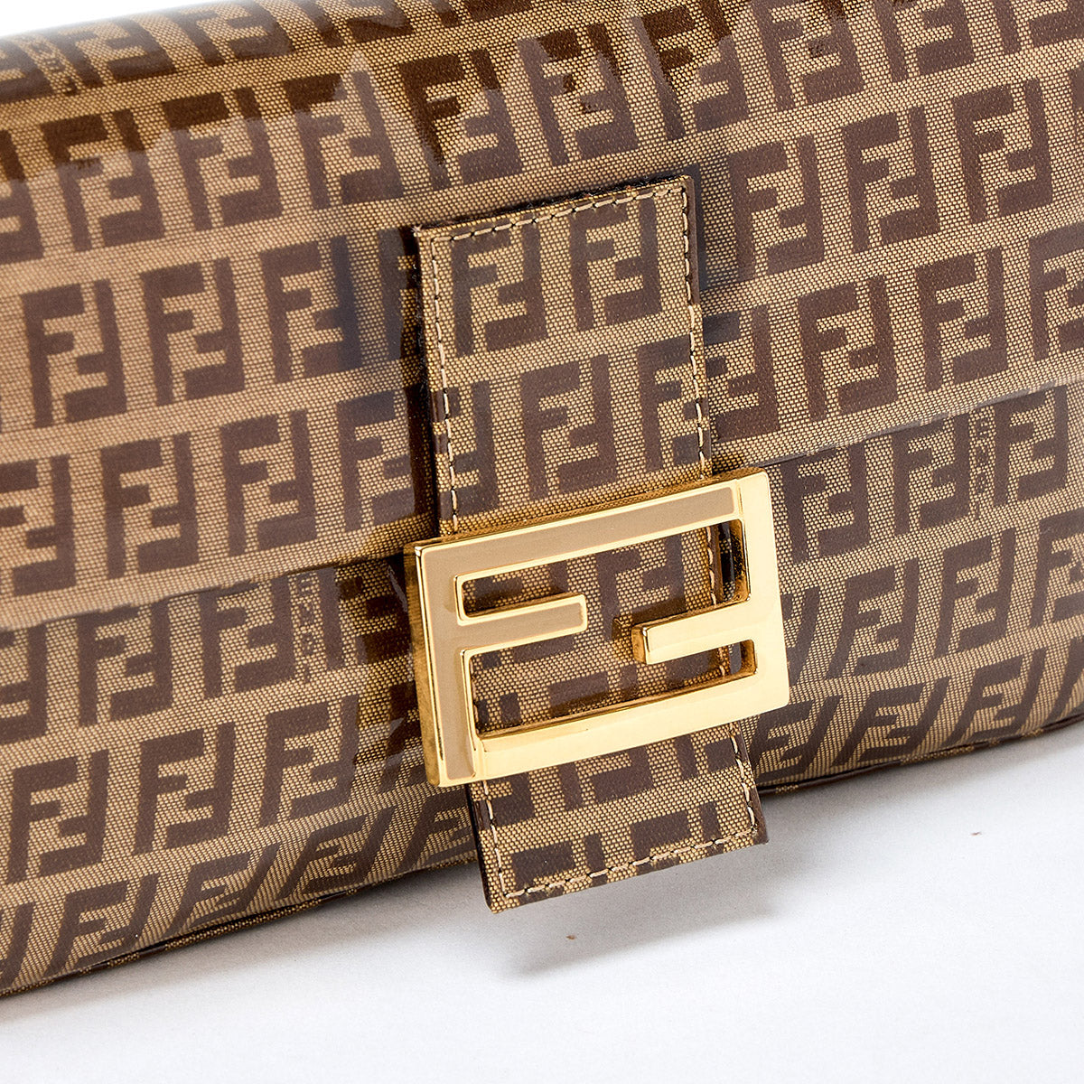 FENDI Mamma Baguette Zucchino Hand Bag Brown Gold Coated Canvas Auth