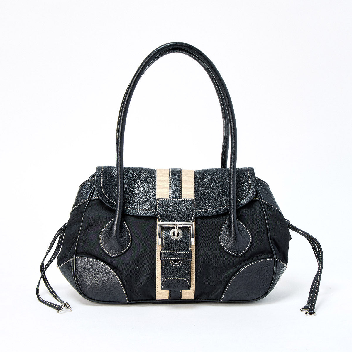 PRADA Triangle Shoulder Bag Black Beige Silver Tessuto Auth