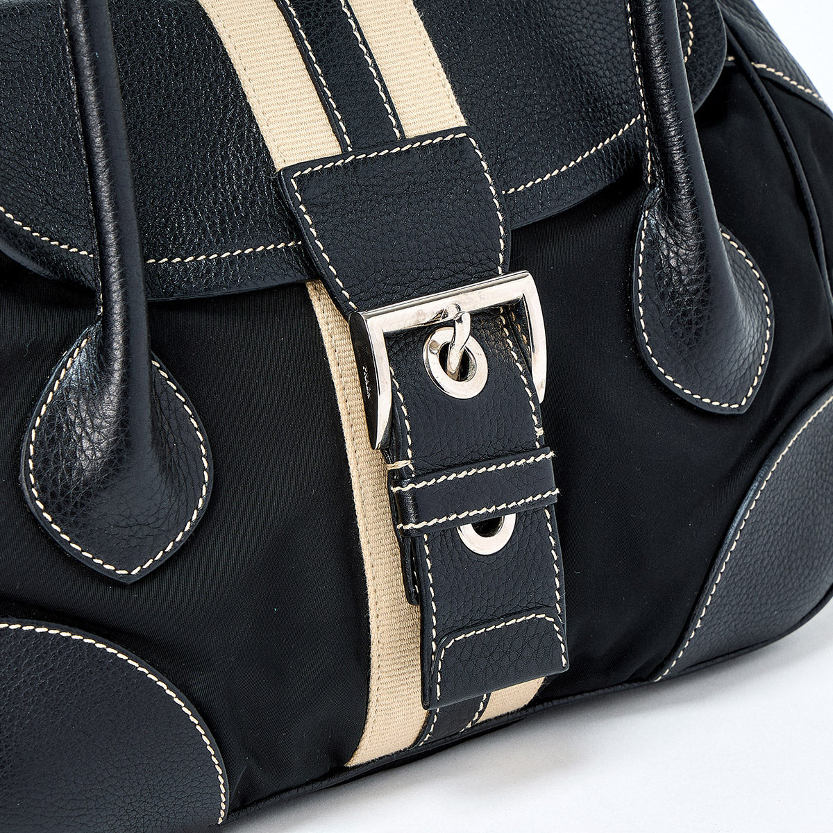 PRADA Triangle Shoulder Bag Black Beige Silver Tessuto Auth