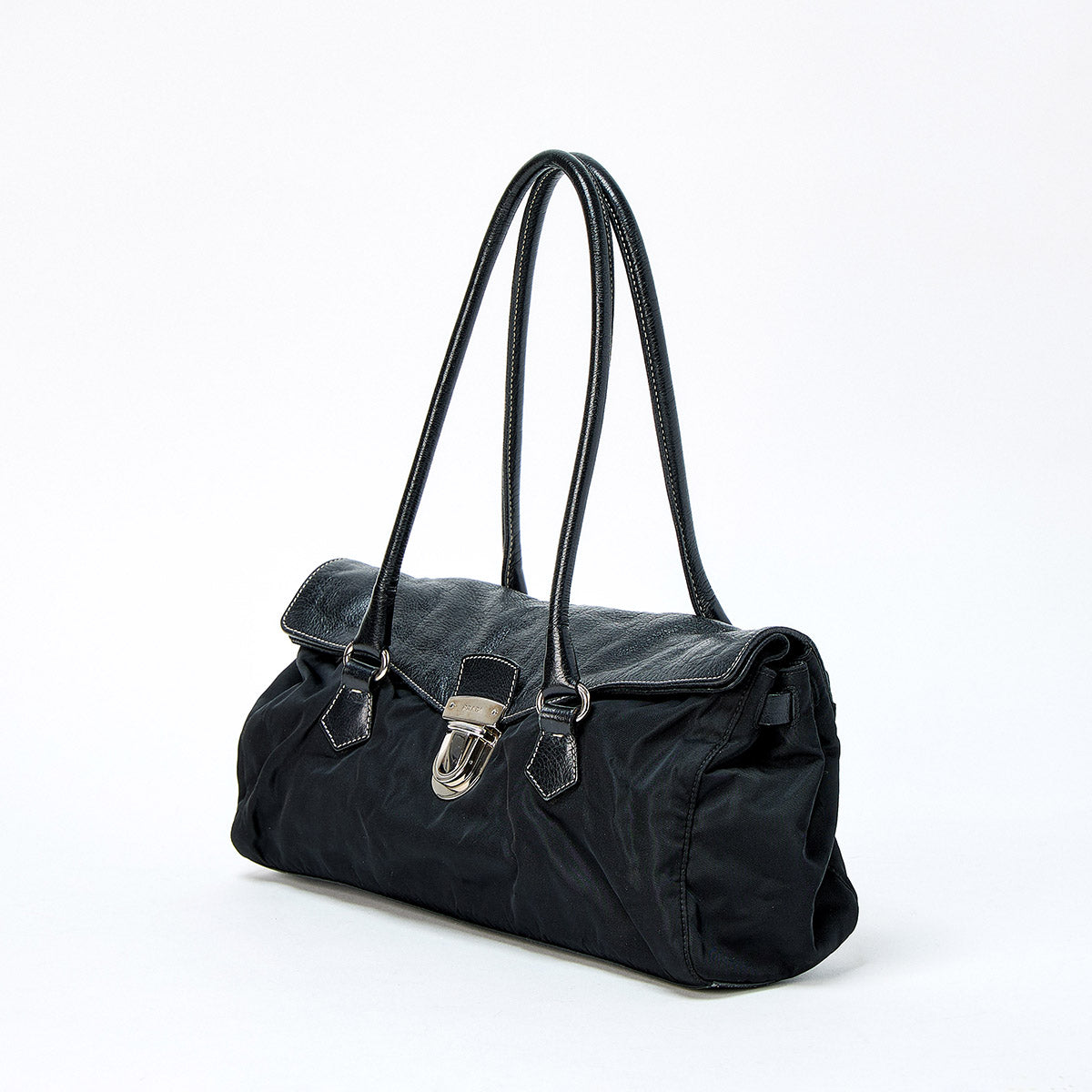 PRADA Triangle Shoulder Bag Black Silver Tessuto Auth