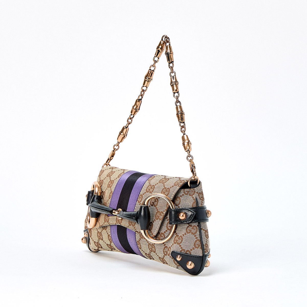 GUCCI Horsebit Shoulder Bag Beige Purple Black Gold Canvas Auth