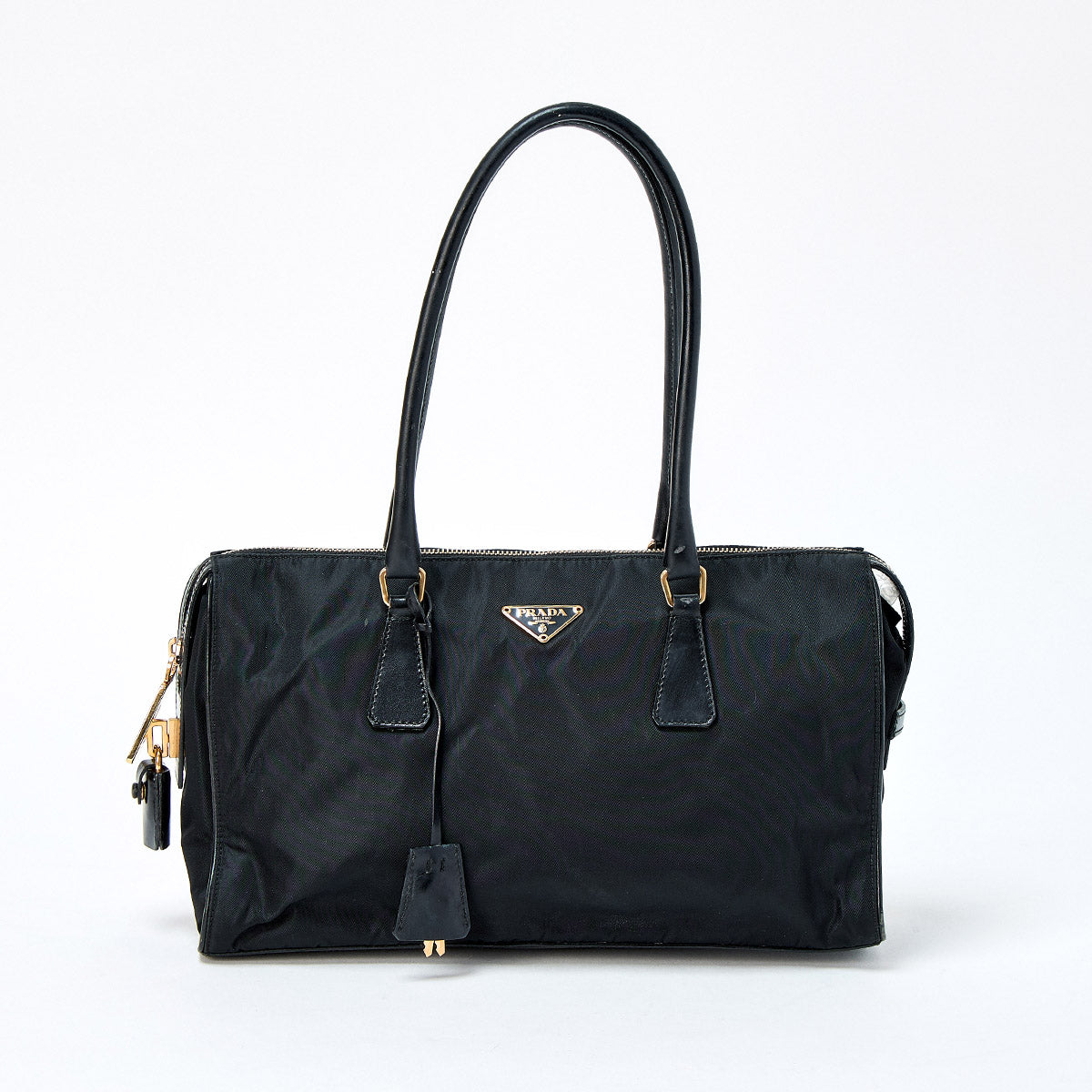 PRADA Triangle Shoulder Bag Black Gold Tessuto Auth