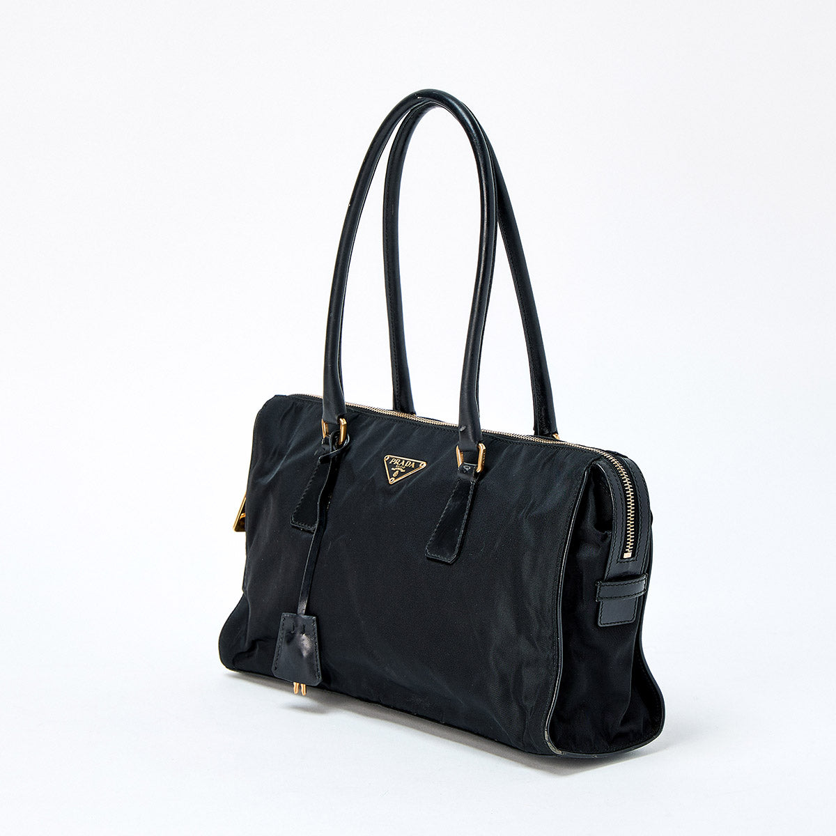 PRADA Triangle Shoulder Bag Black Gold Tessuto Auth