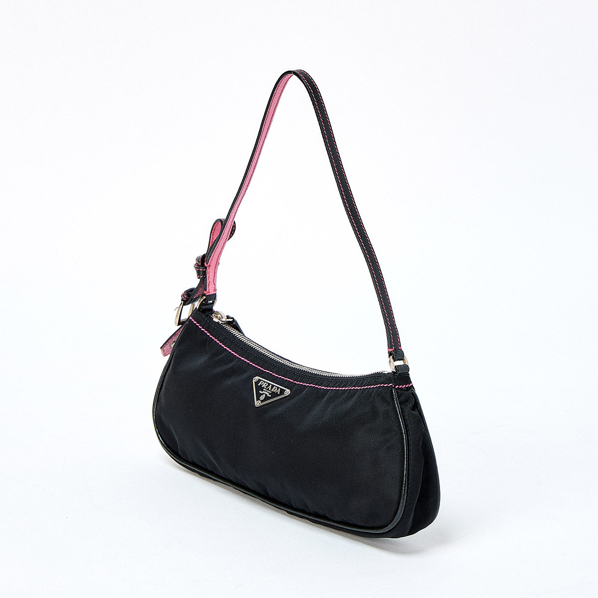 PRADA Triangle Shoulder Bag Black Pink Silver Tessuto Auth