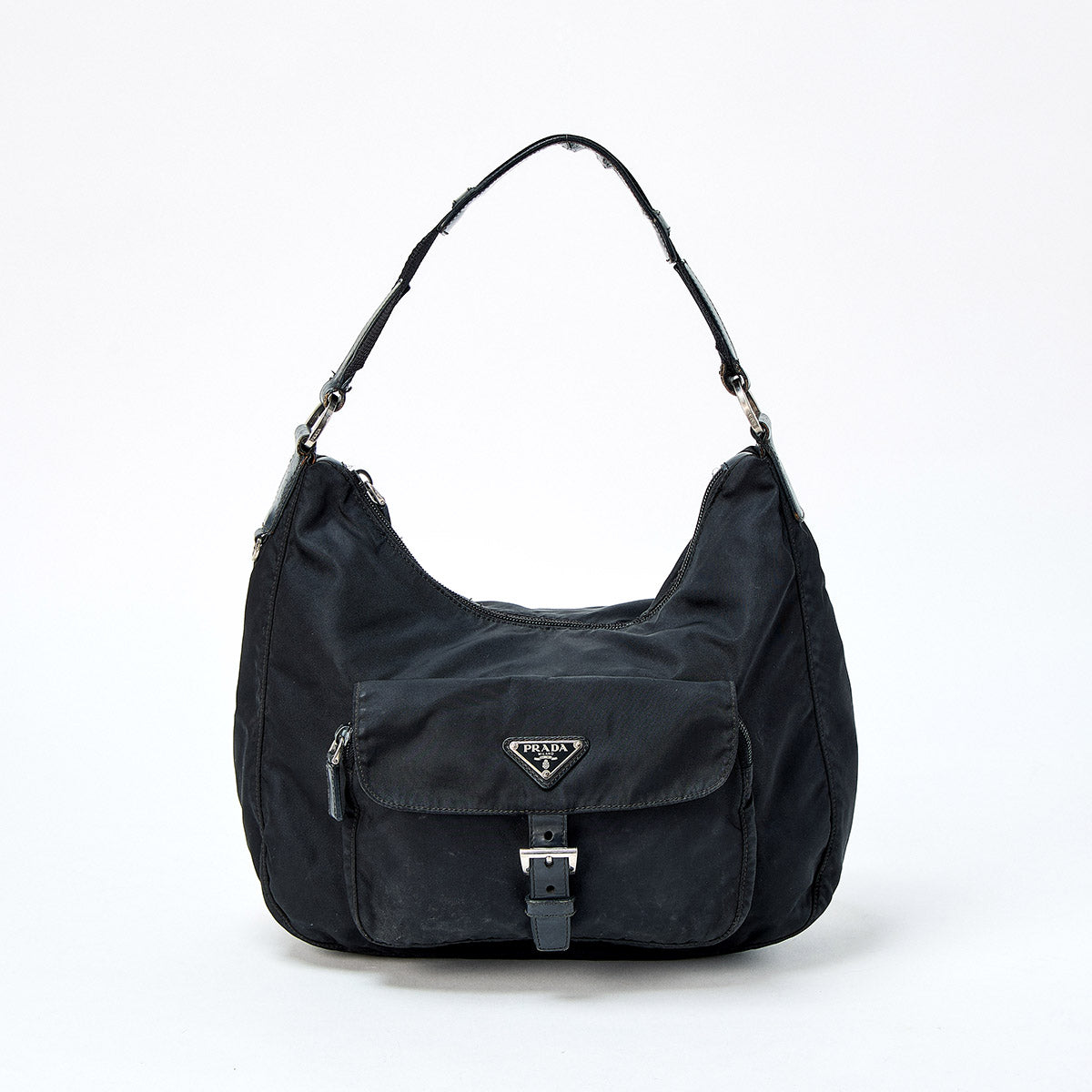 PRADA Triangle Shoulder Bag Black Silver Tessuto Auth
