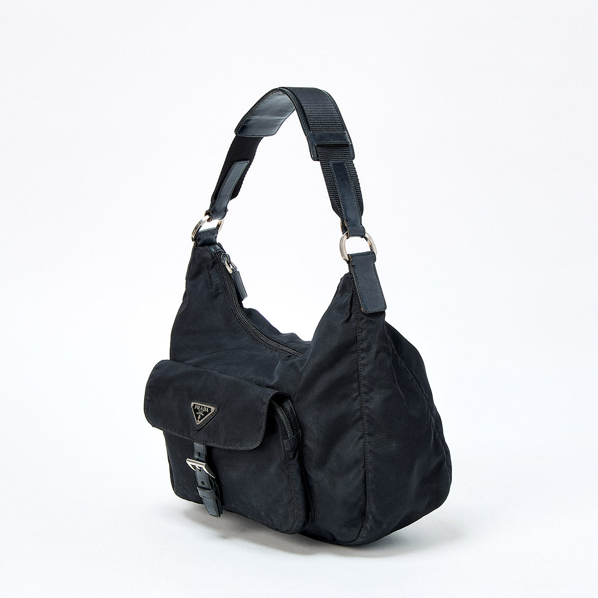 PRADA Triangle Shoulder Bag Black Silver Tessuto Auth