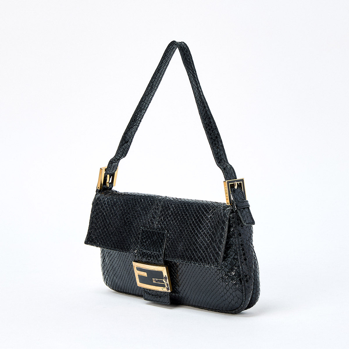 FENDI Mamma Baguette Shoulder Bag Black Gold Python Leather