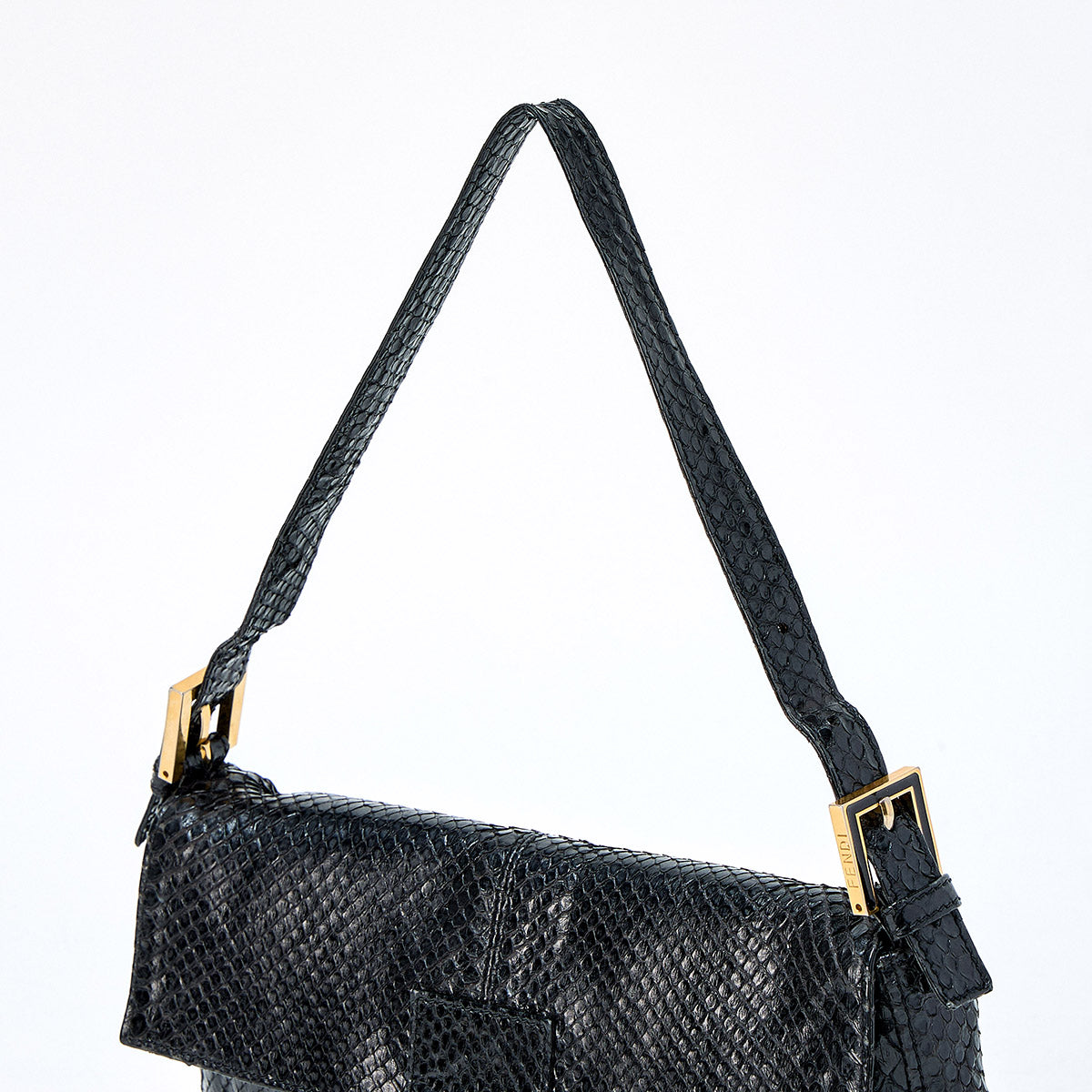 FENDI Mamma Baguette Shoulder Bag Black Gold Python Leather