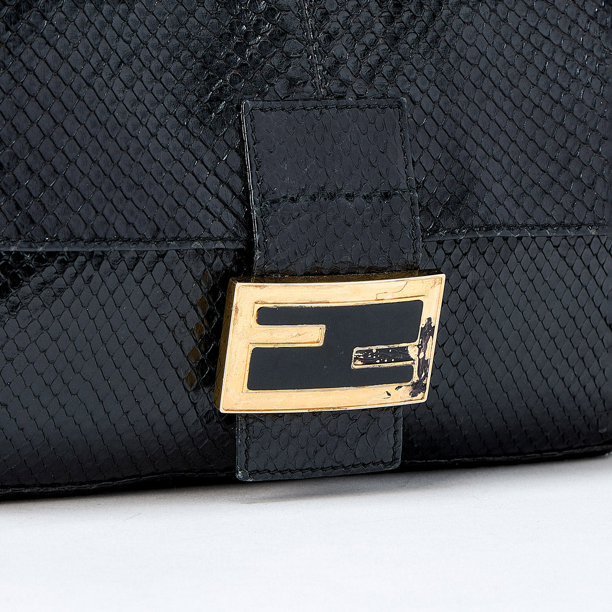 FENDI Mamma Baguette Shoulder Bag Black Gold Python Leather
