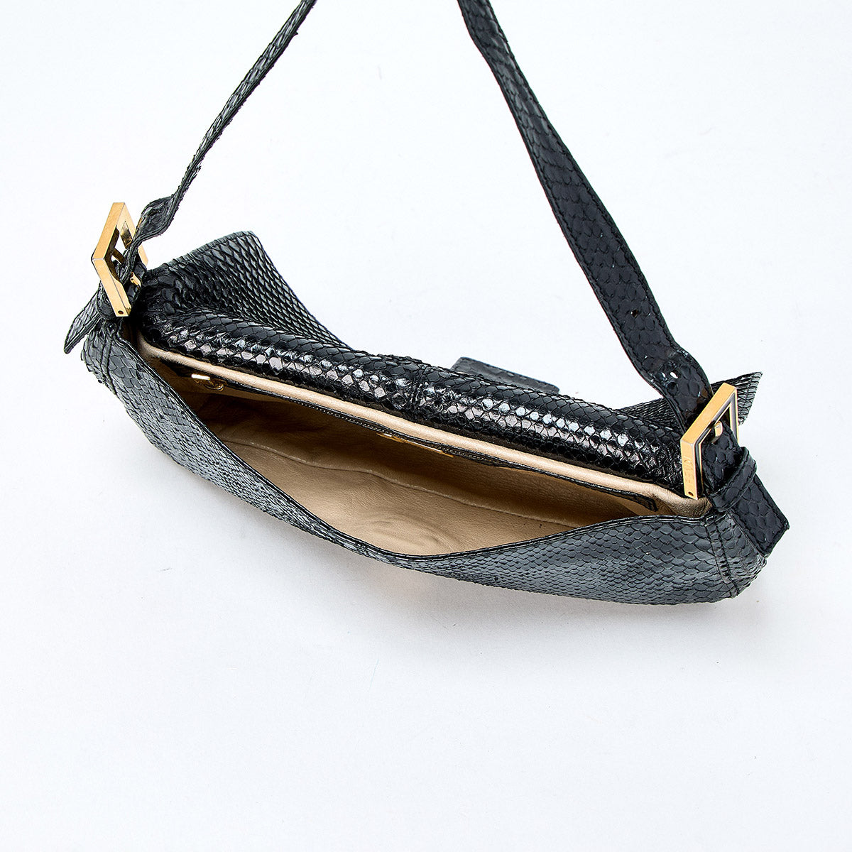 FENDI Mamma Baguette Shoulder Bag Black Gold Python Leather