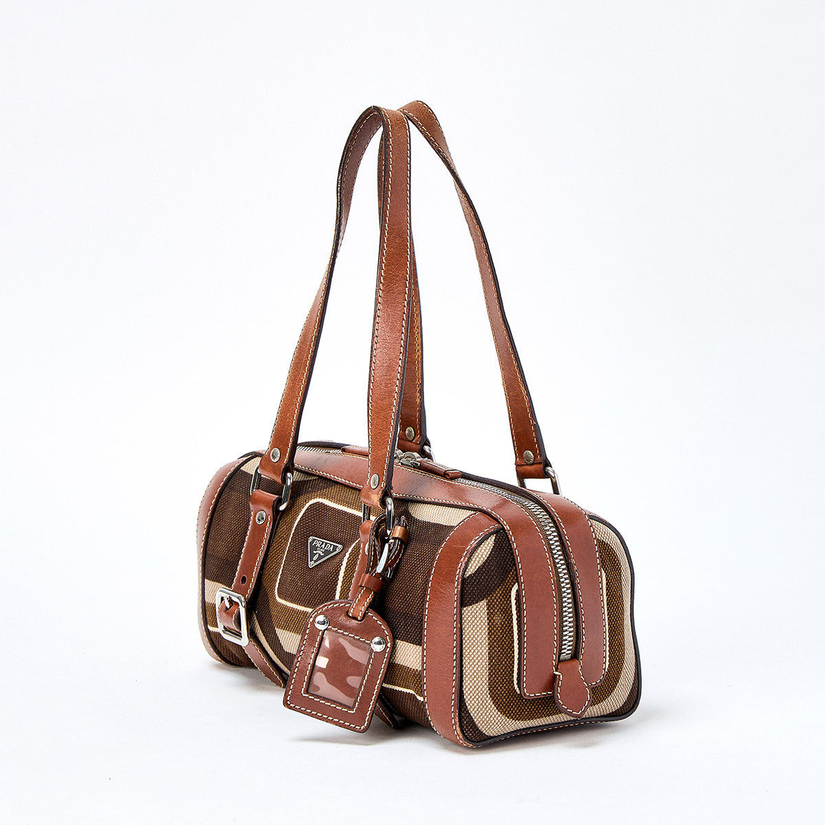 PRADA Triangle Shoulder Bag Brown Silver Canvas Leather Auth