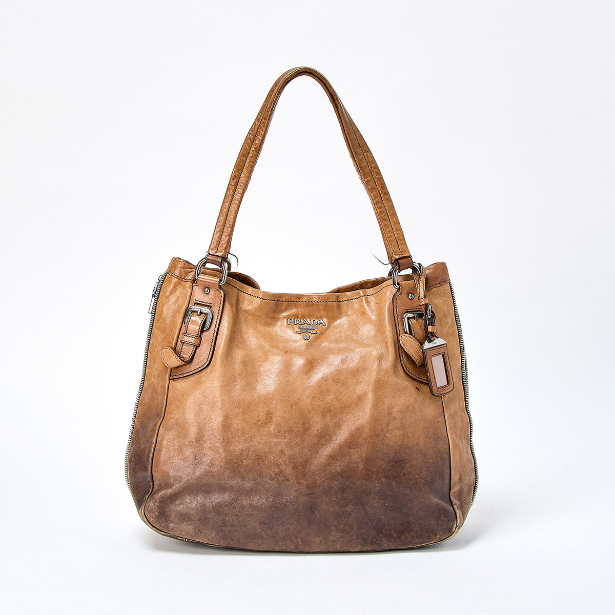 PRADA Zip Around Tote Bag Brown Silver Leather Auth