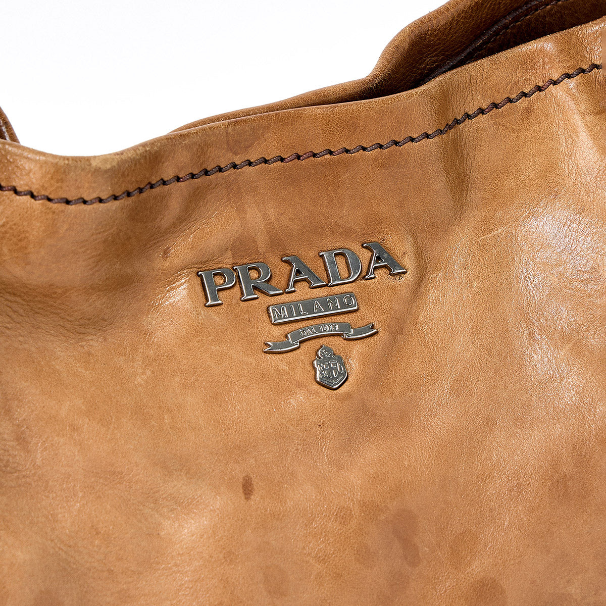 PRADA Zip Around Tote Bag Brown Silver Leather Auth