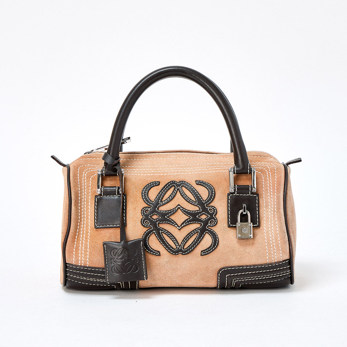 LOEWE Amazona Hand Bag Beige Brown Silver Suede Auth