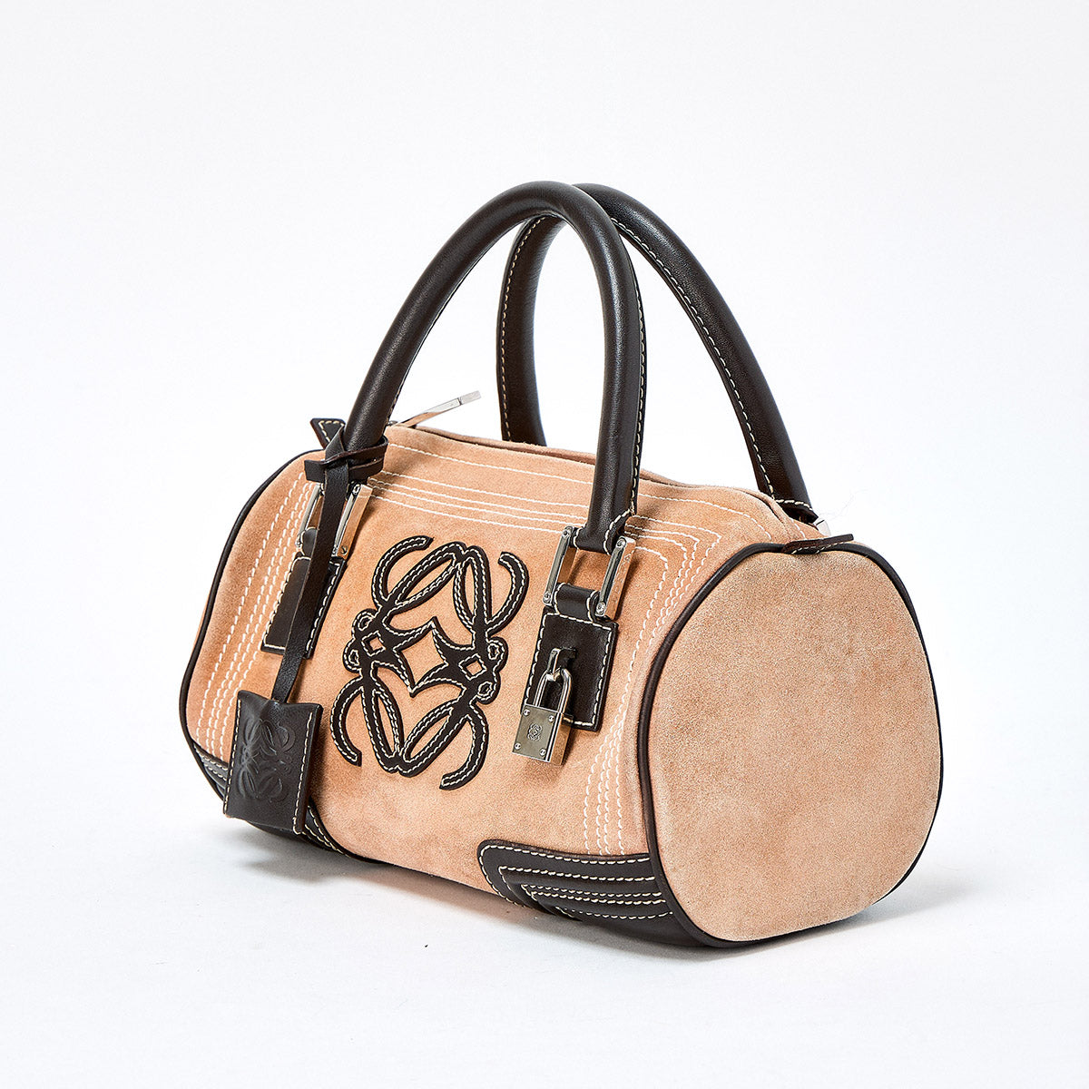 LOEWE Amazona Hand Bag Beige Brown Silver Suede Auth