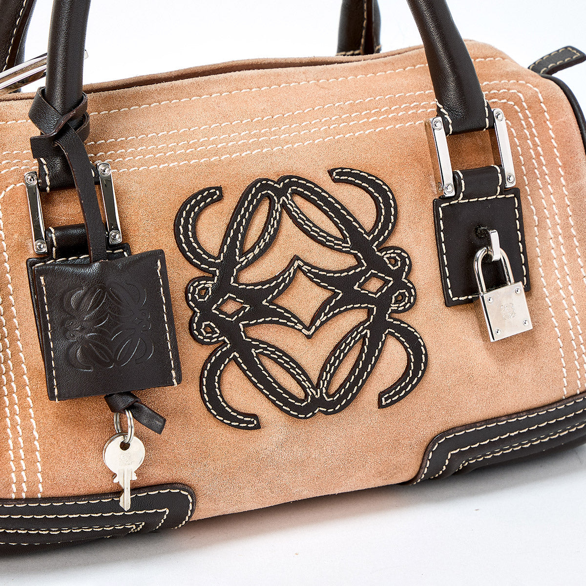 LOEWE Amazona Hand Bag Beige Brown Silver Suede Auth
