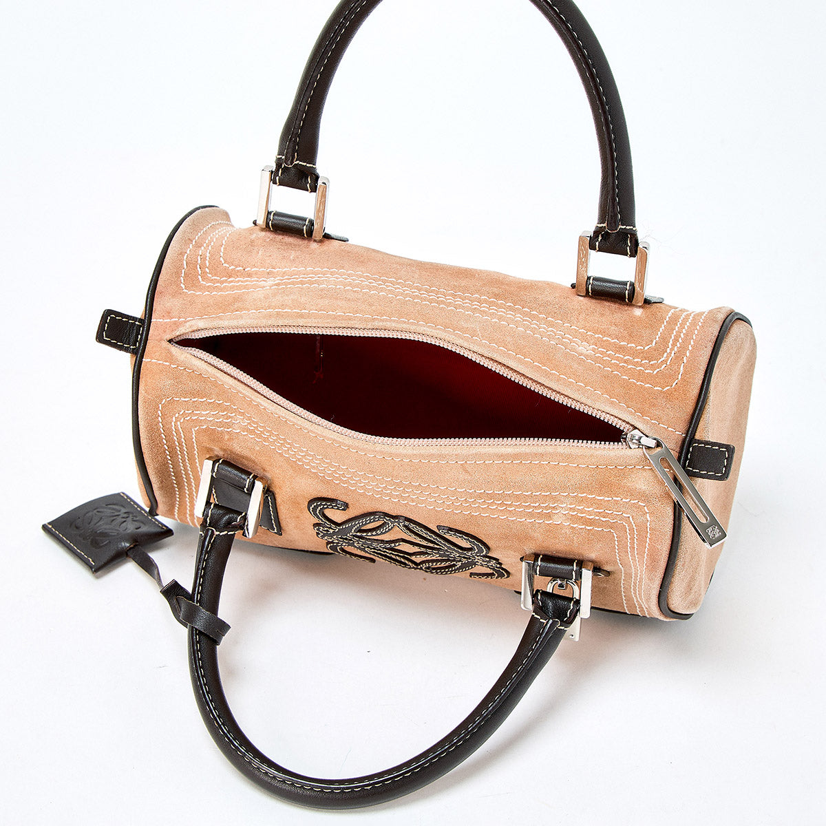 LOEWE Amazona Hand Bag Beige Brown Silver Suede Auth