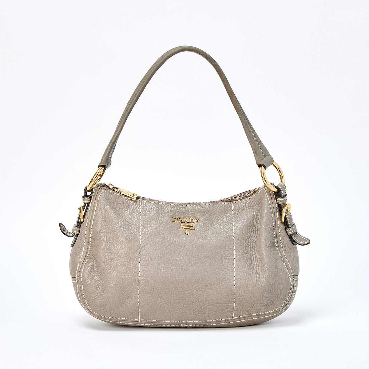 PRADA Logo Shoulder Bag BR4690 Greige Gold Leather Auth
