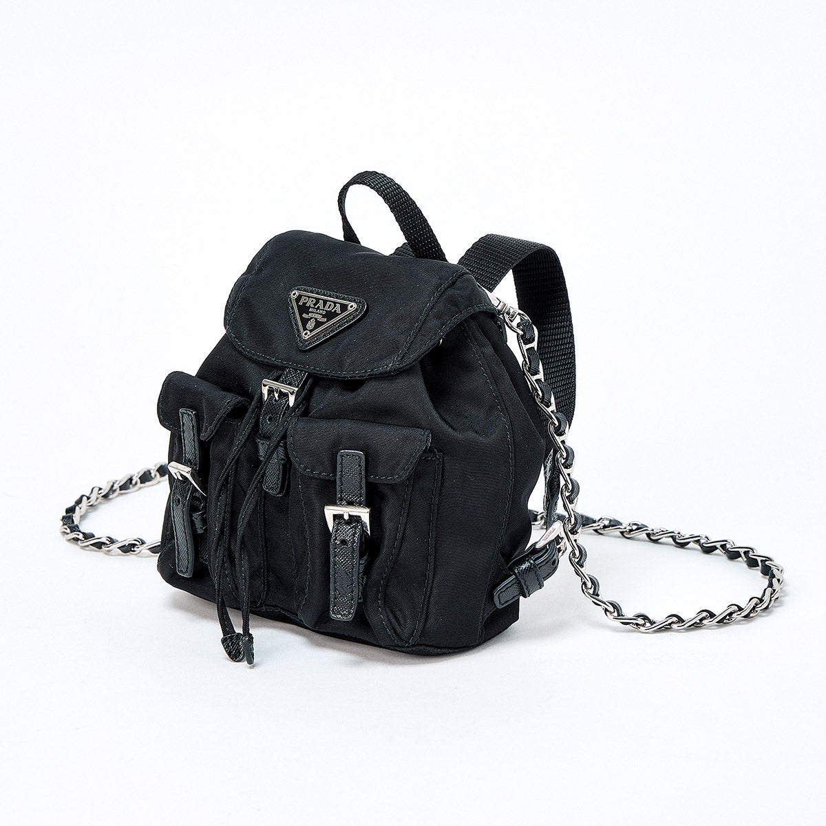 PRADA Triangle Shoulder Bag Black Silver Tessuto Auth