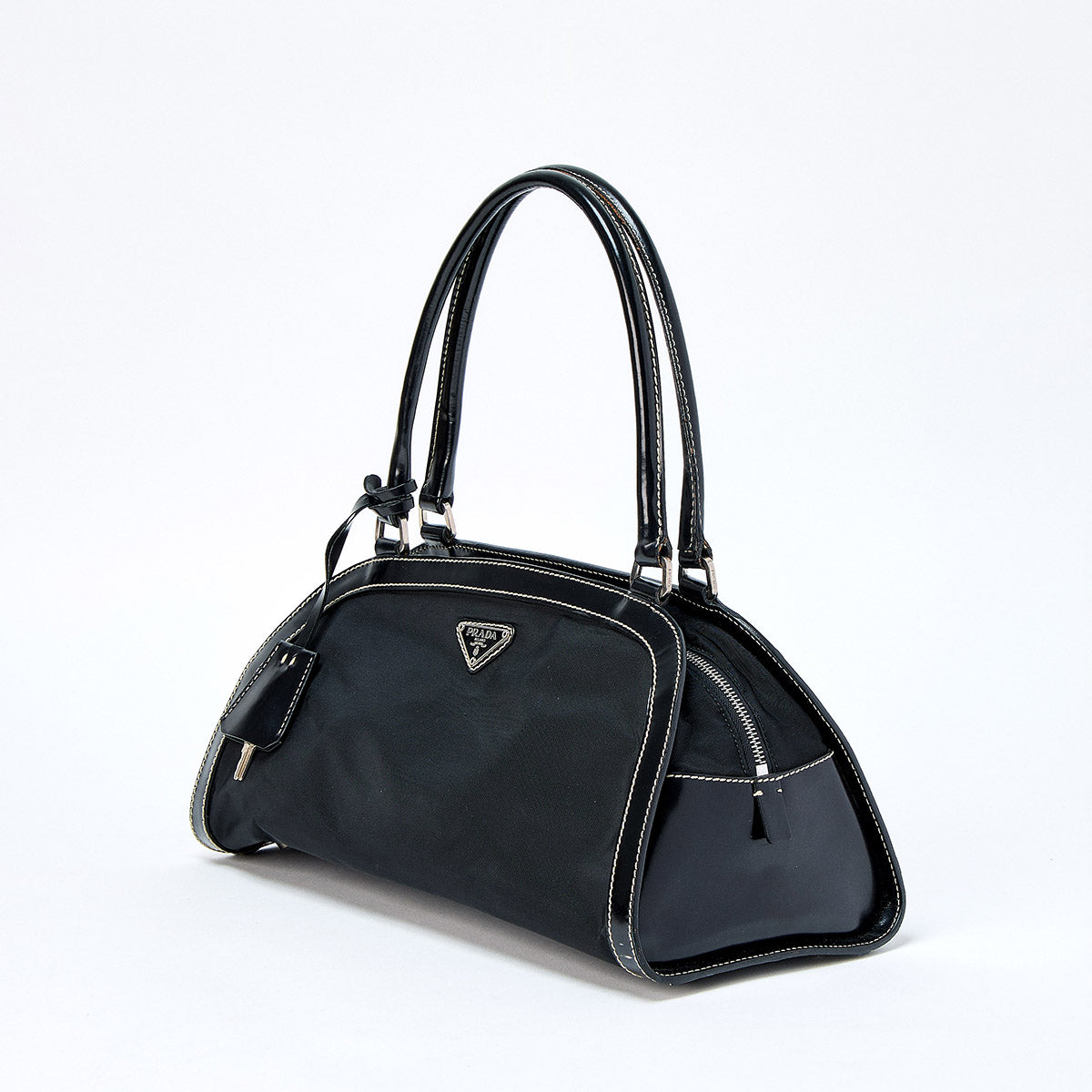 PRADA Triangle Shoulder Bag Black Silver Tessuto Auth
