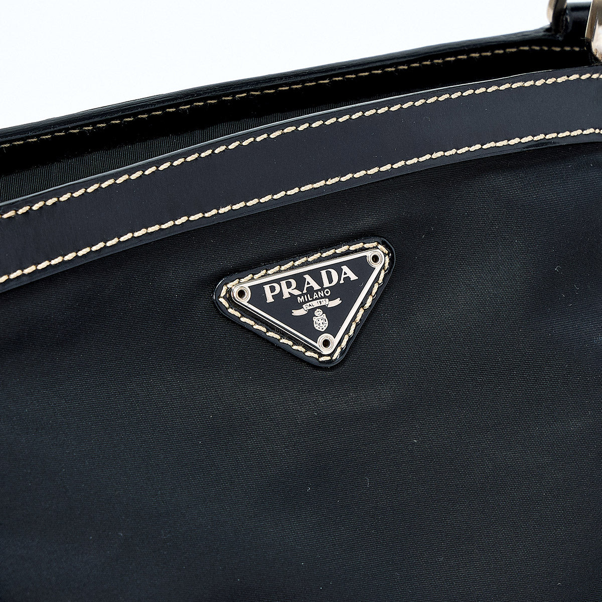 PRADA Triangle Shoulder Bag Black Silver Tessuto Auth
