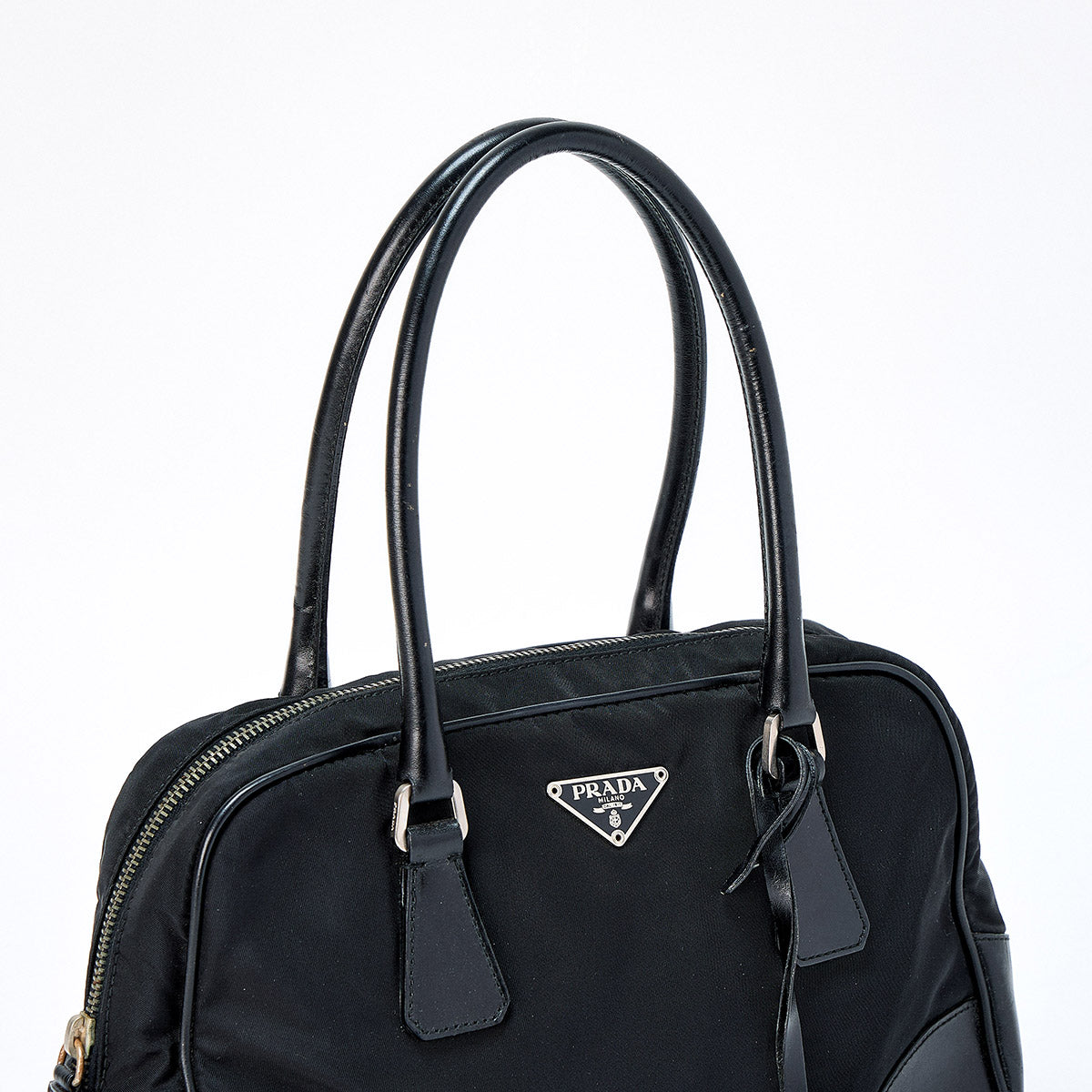 PRADA Triangle Hand Bag Black Silver Tessuto Auth