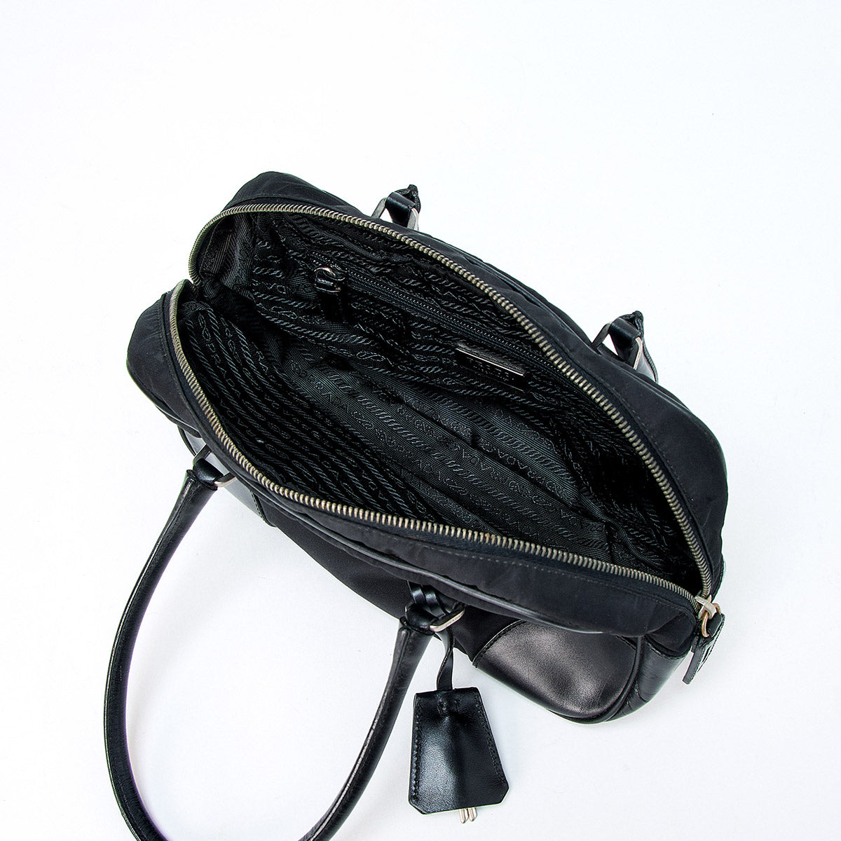 PRADA Triangle Hand Bag Black Silver Tessuto Auth