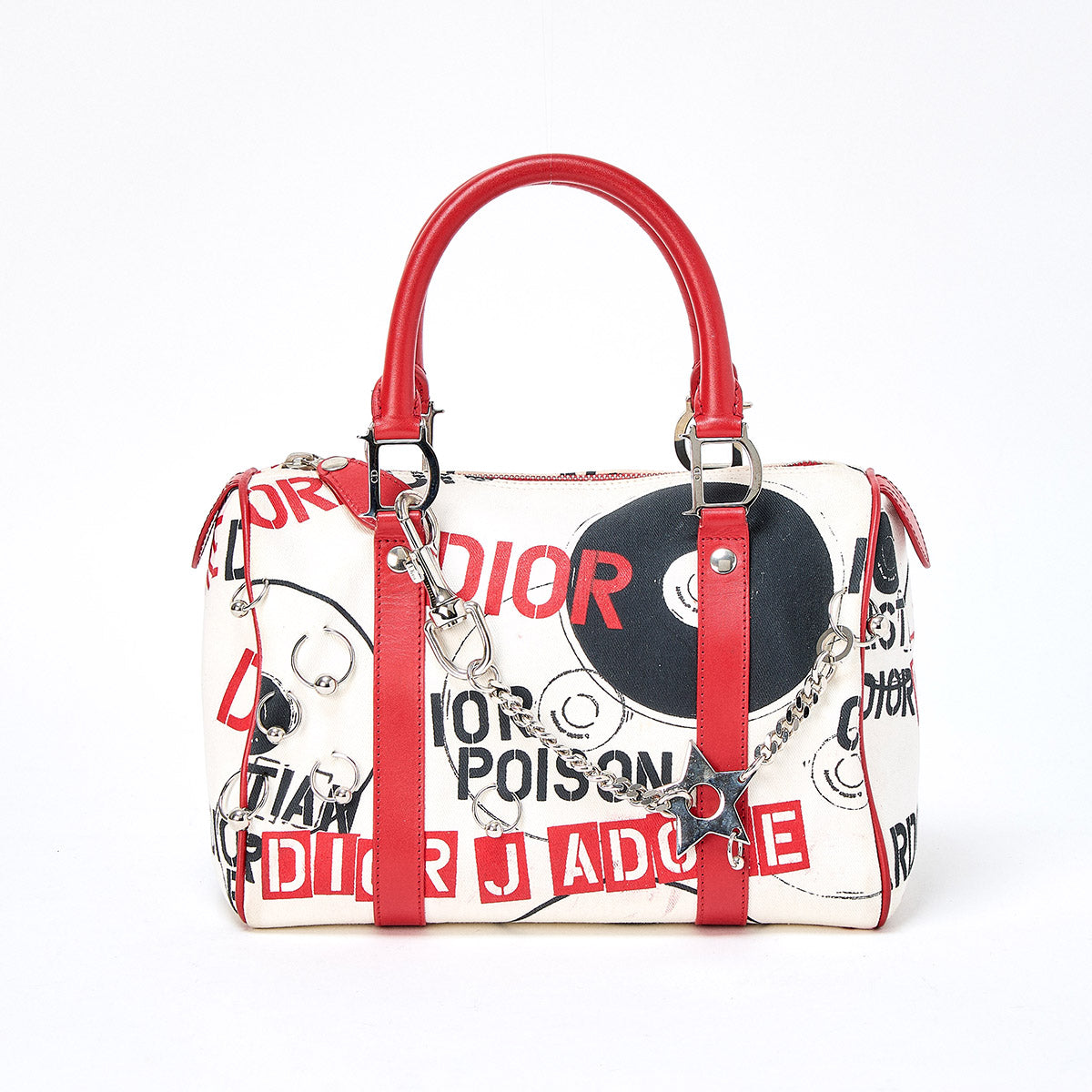 Christian Dior John Galliano Hardcore Hand Bag Red White Silver Canvas Auth