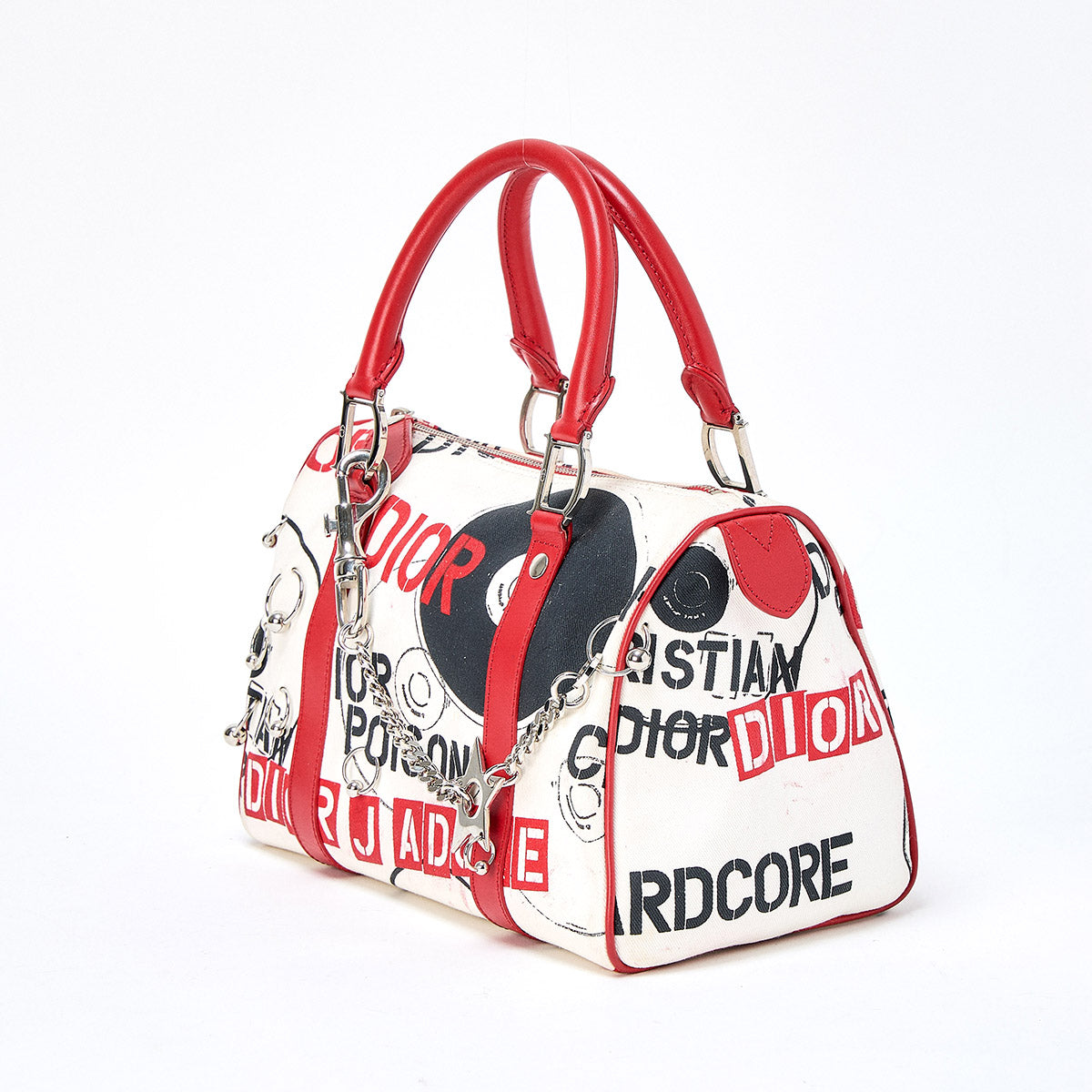 Christian Dior John Galliano Hardcore Hand Bag Red White Silver Canvas Auth