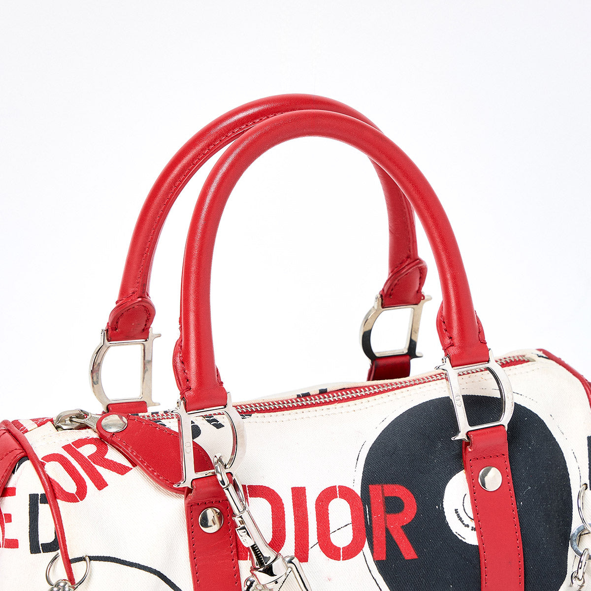 Christian Dior John Galliano Hardcore Hand Bag Red White Silver Canvas Auth