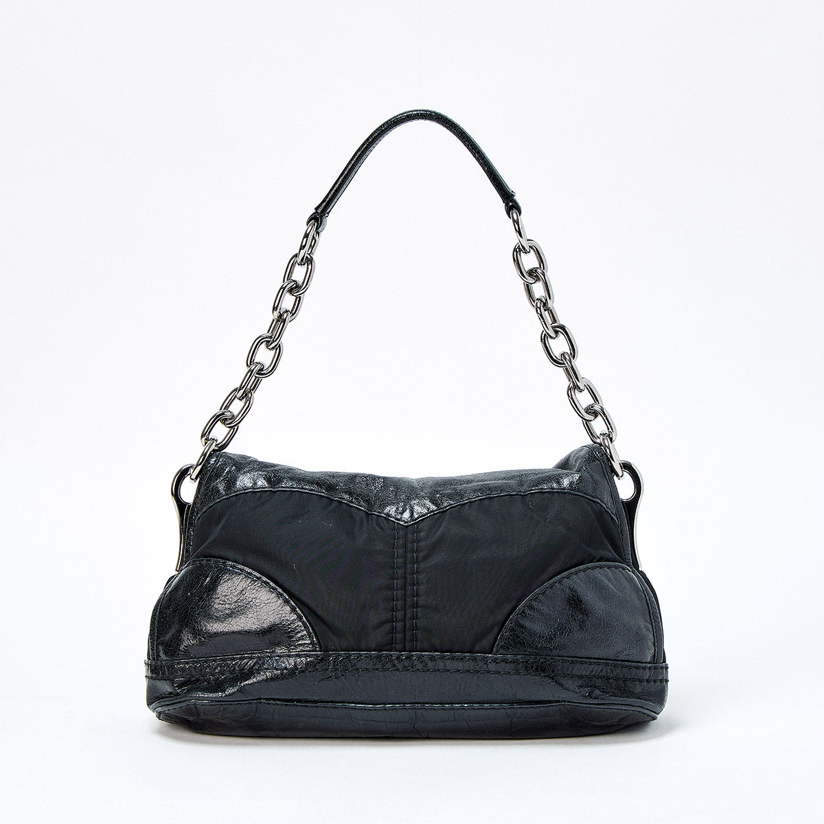 PRADA Shoulder Bag Black Silver Leather Auth