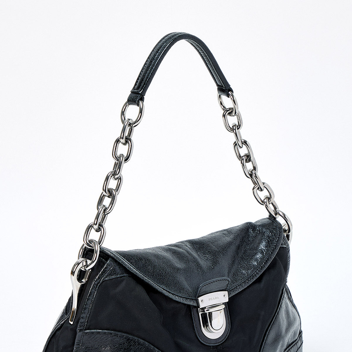PRADA Shoulder Bag Black Silver Leather Auth