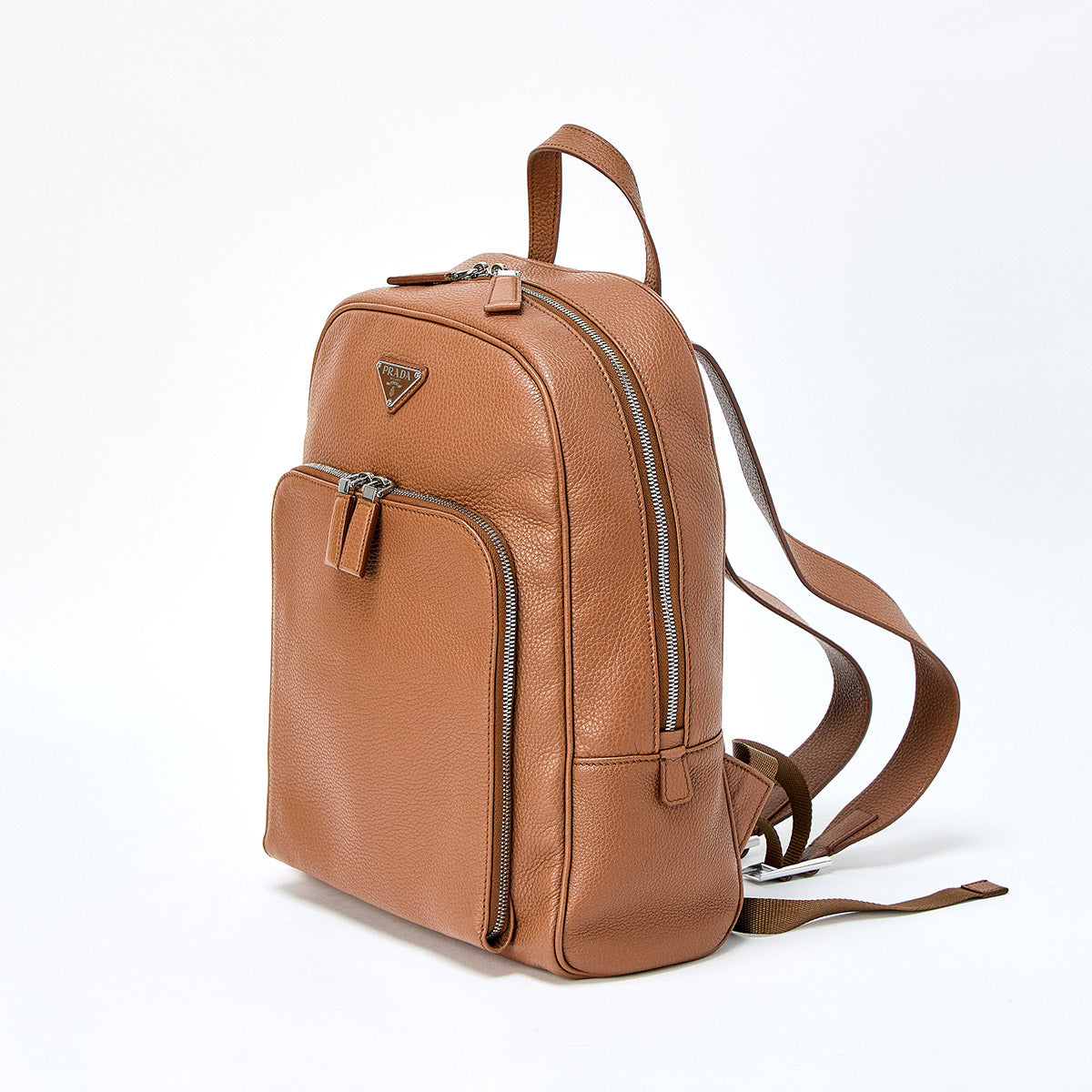 PRADA Triangle Backpack in Brown and Silver Leather