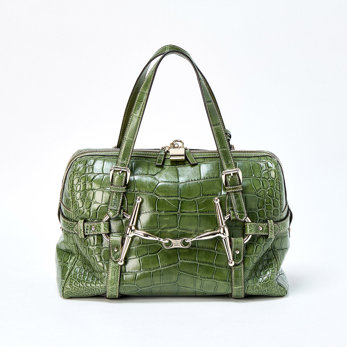 GUCCI Horsebit 85th Anniversary Model Handbag 163290 Green Gold Crocodile