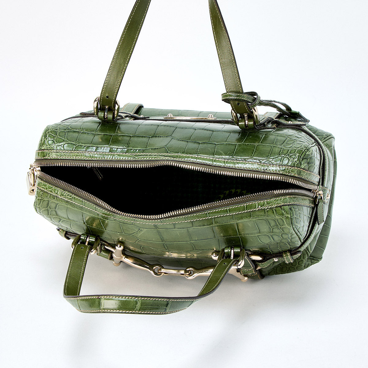 GUCCI Horsebit 85th Anniversary Model Handbag 163290 Green Gold Crocodile