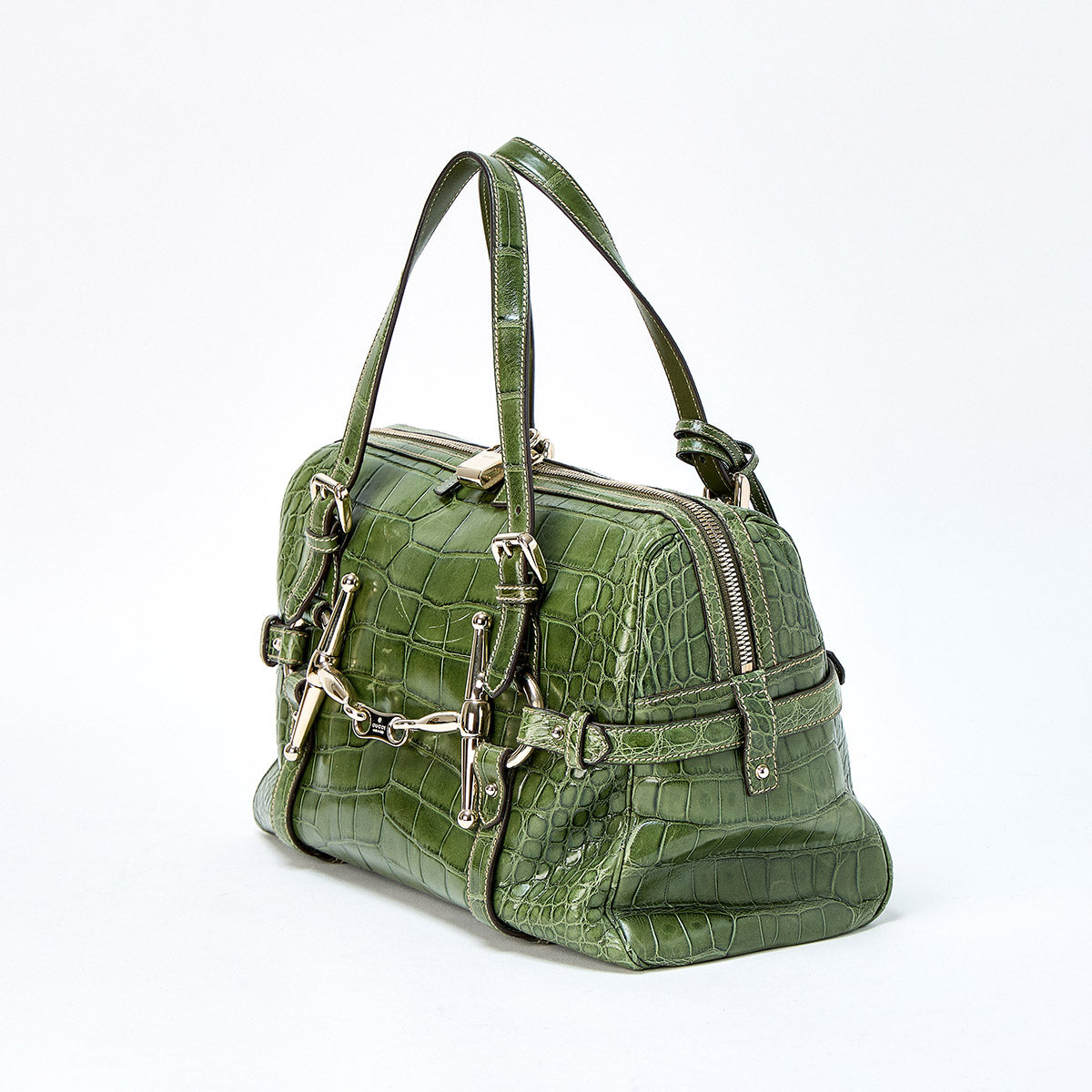 GUCCI Horsebit 85th Anniversary Model Handbag 163290 Green Gold Crocodile
