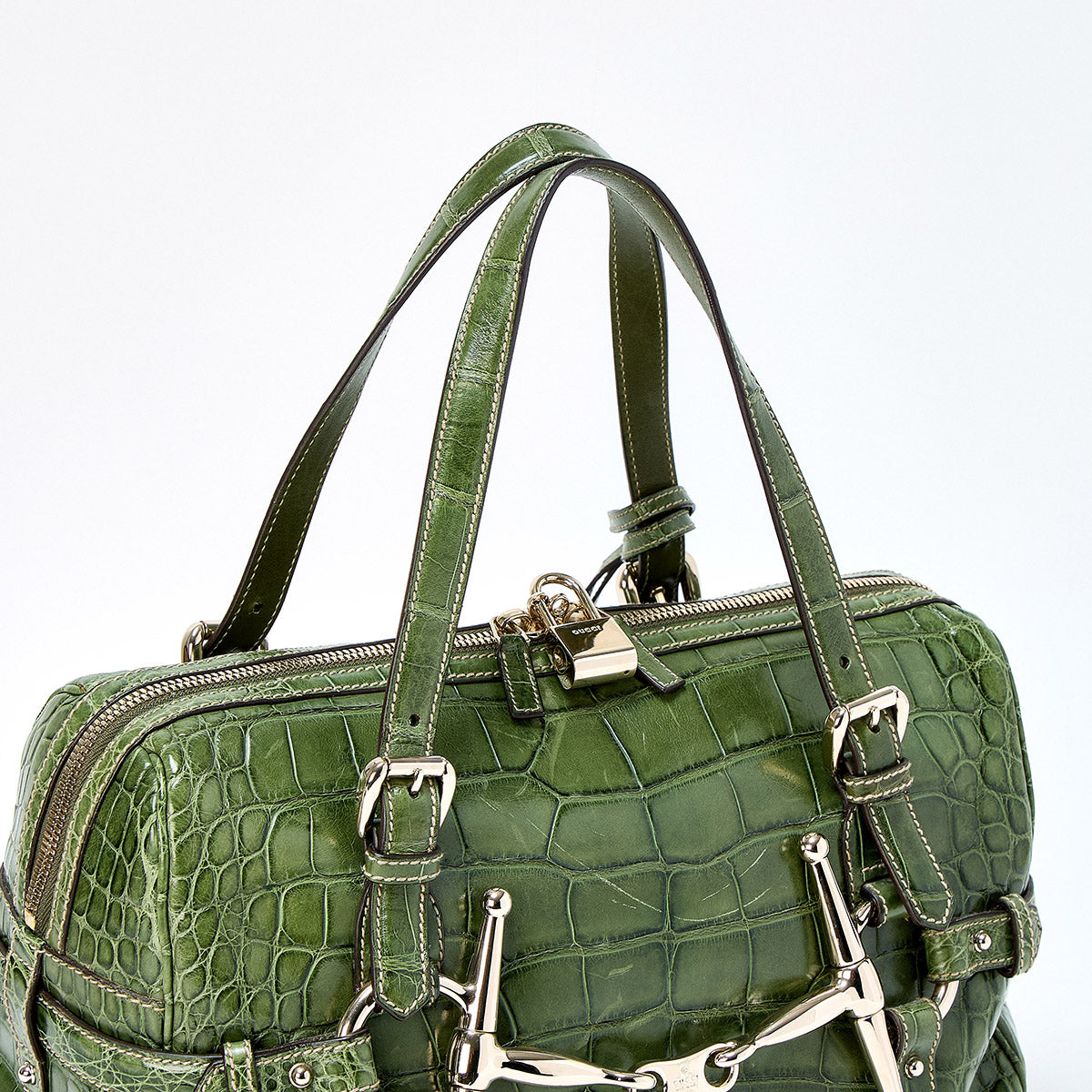 GUCCI Horsebit 85th Anniversary Model Handbag 163290 Green Gold Crocodile