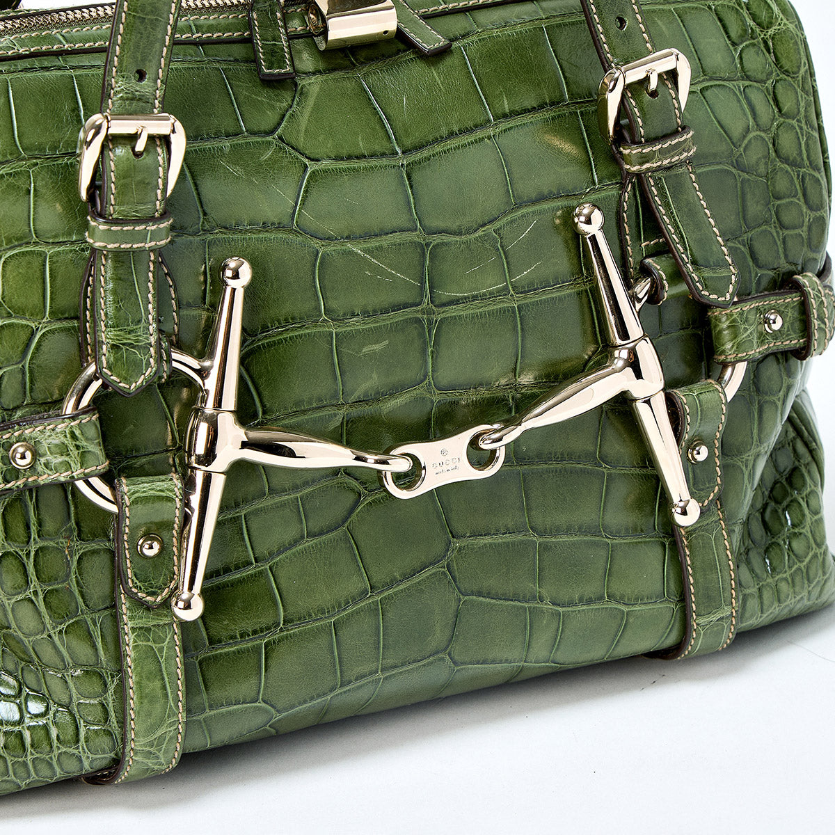 GUCCI Horsebit 85th Anniversary Model Handbag 163290 Green Gold Crocodile