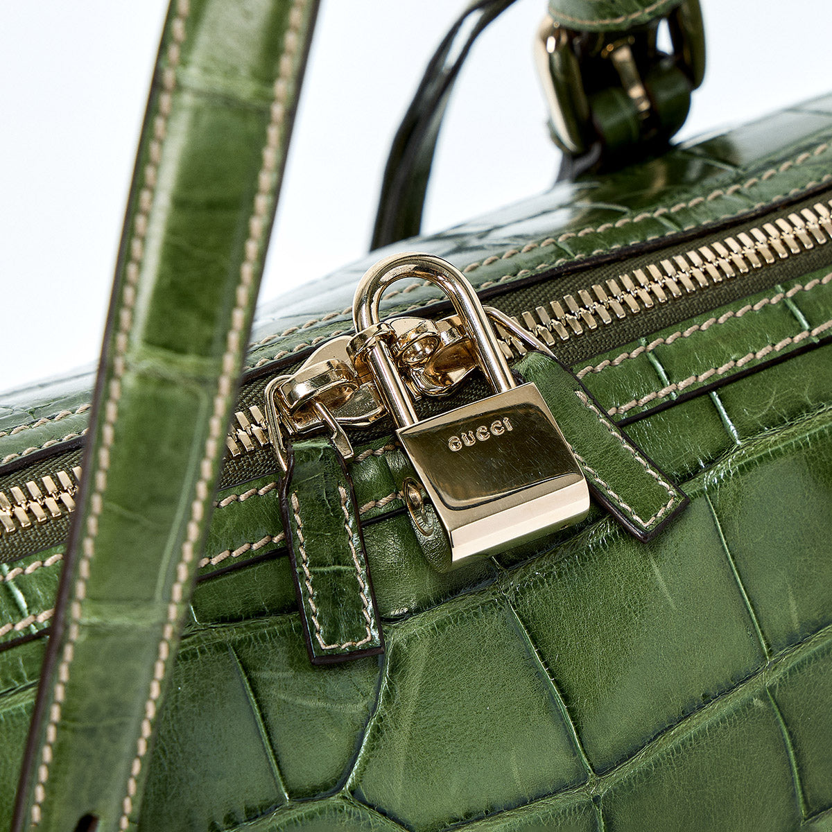 GUCCI Horsebit 85th Anniversary Model Handbag 163290 Green Gold Crocodile