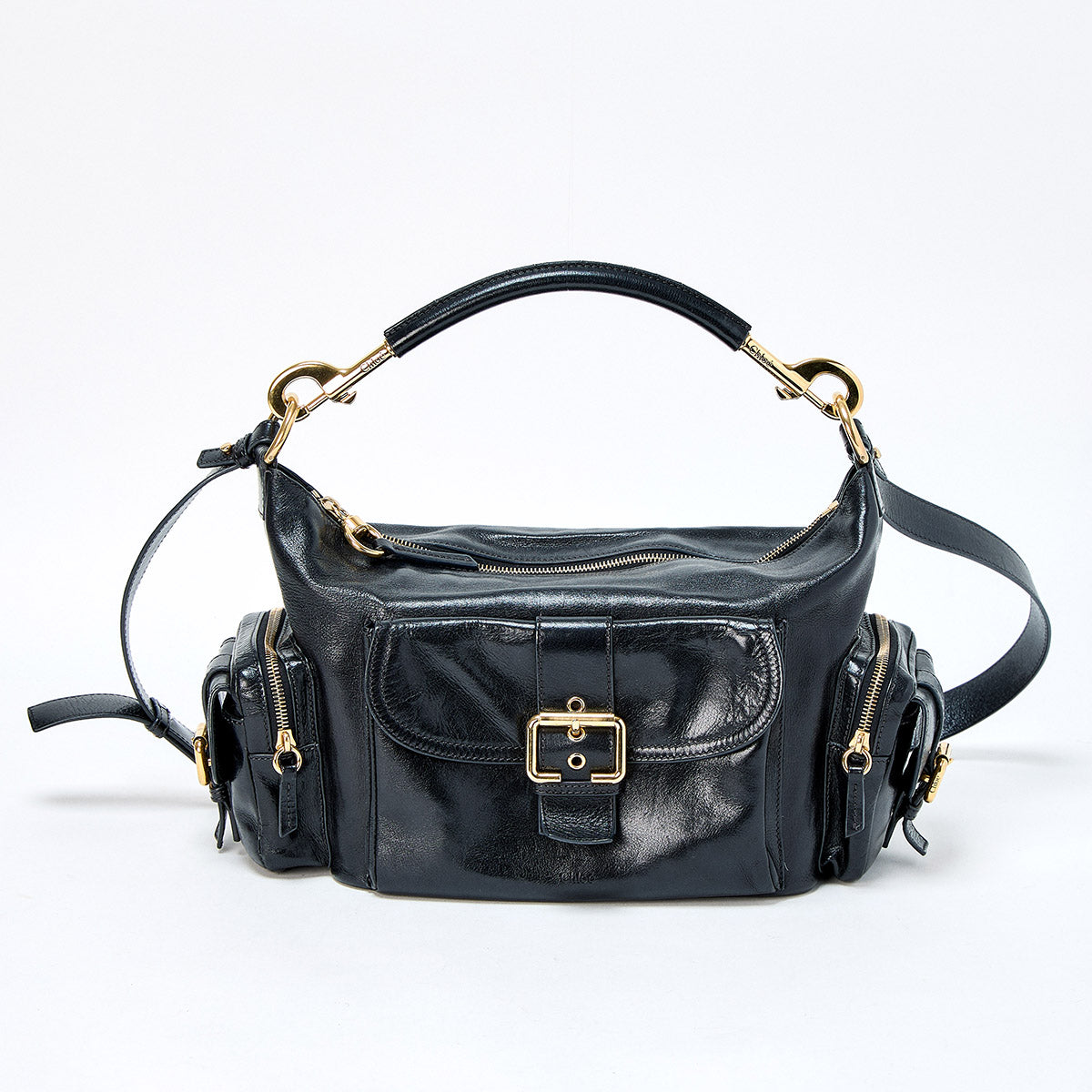 Chloe Camera Bag Hand Bag Black Gold Shiny Leather Auth