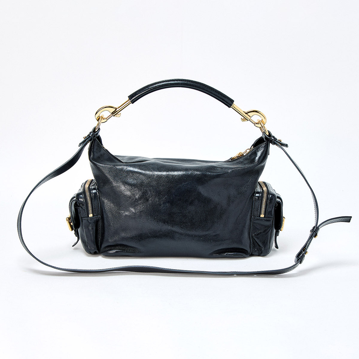 Chloe Camera Bag Hand Bag Black Gold Shiny Leather Auth