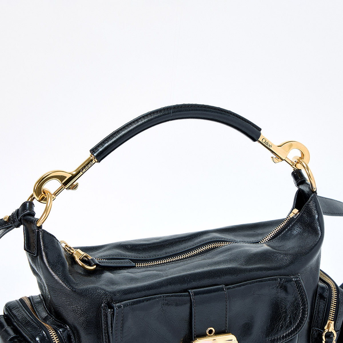 Chloe Camera Bag Hand Bag Black Gold Shiny Leather Auth