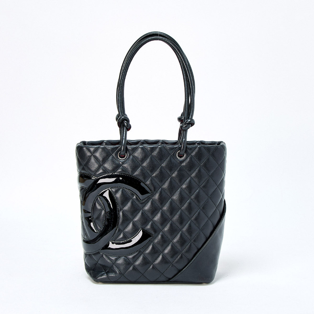 CHANEL Matelasse Cambon Medium 2005 Hand Bag Black Silver Lamb Skin Auth